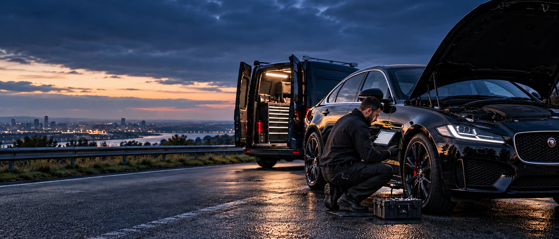 Motor Response UK mobile mechanic attending a Jaguar at roadside